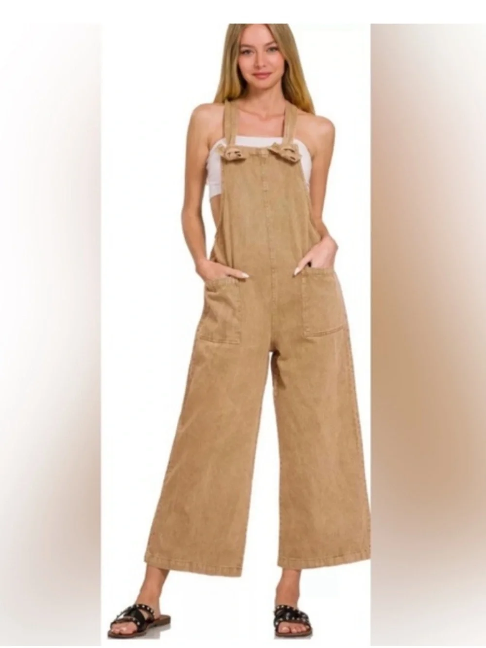 Zenana Outfitters Tan Wide-Leg Overalls - Picture 1 of 1